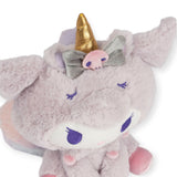 Introducing the Sanrio Kuromi Plush - Unicorn by Hello Kitty, a charming plush toy that looks like a unicorn. It features a gold horn, pink ears, and is beautifully accessorized with a gray ribbon and a small pink decoration on its head. Ideal for Sanrio fans, this delightful piece will be a wonderful addition to any Hello Kitty enthusiast's collection.