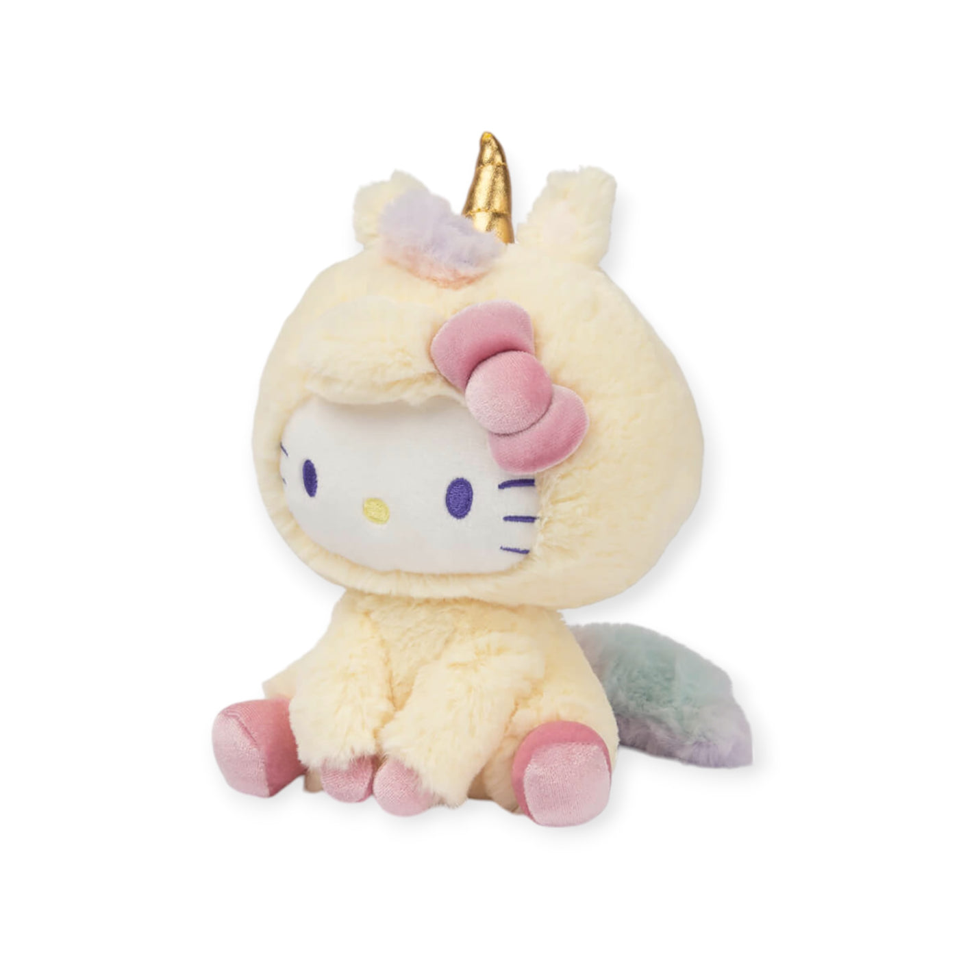 Introducing the Hello Kitty Plush - Unicorn by Hello Kitty, this enchanting toy captures a cat character adorned as a unicorn. With its gold horn, pink bow, and pastel-colored tail, it makes for a whimsical gift choice. Set against a white background, it promises to deliver a touch of magic and charm.