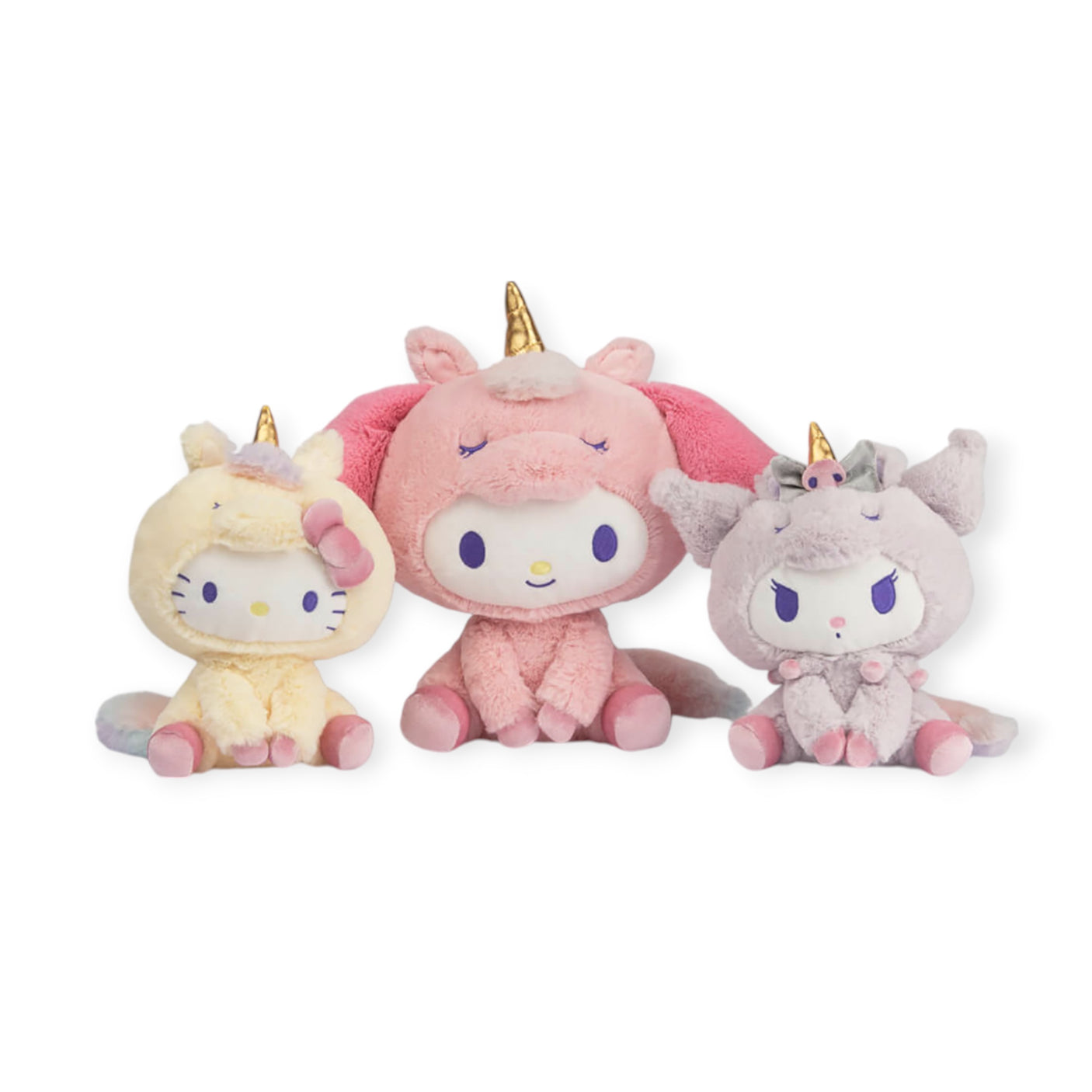 Three plush toys featuring Hello Kitty, My Melody, and Kuromi characters are dressed as enchanting unicorns with little horns on their heads and positioned side by side. They make a delightful gift idea for fans of the Hello Kitty Unicorn Plush collection.