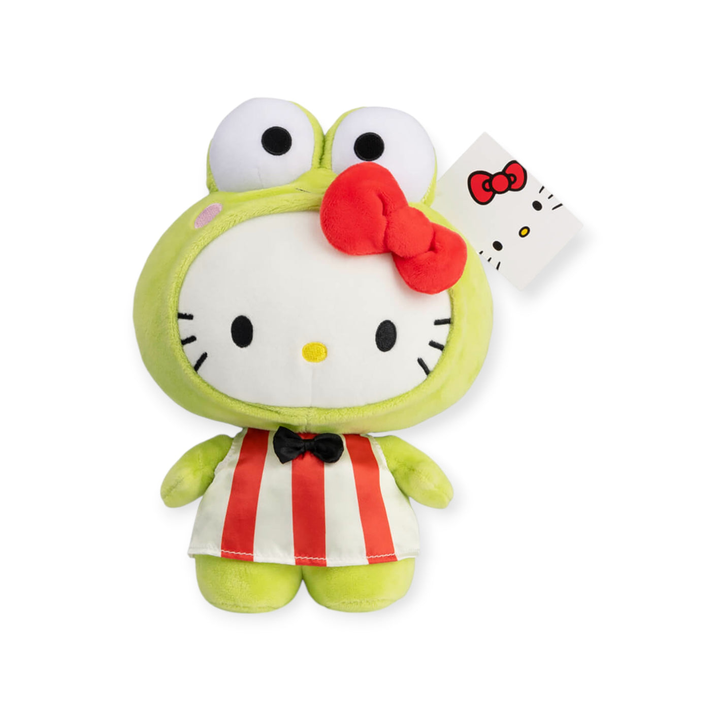 A Hello Kitty Plush in a Keroppi Costume adorned with a red bow, black bow tie, and tagged ear—ideal for fans of Sanrio's beloved characters.