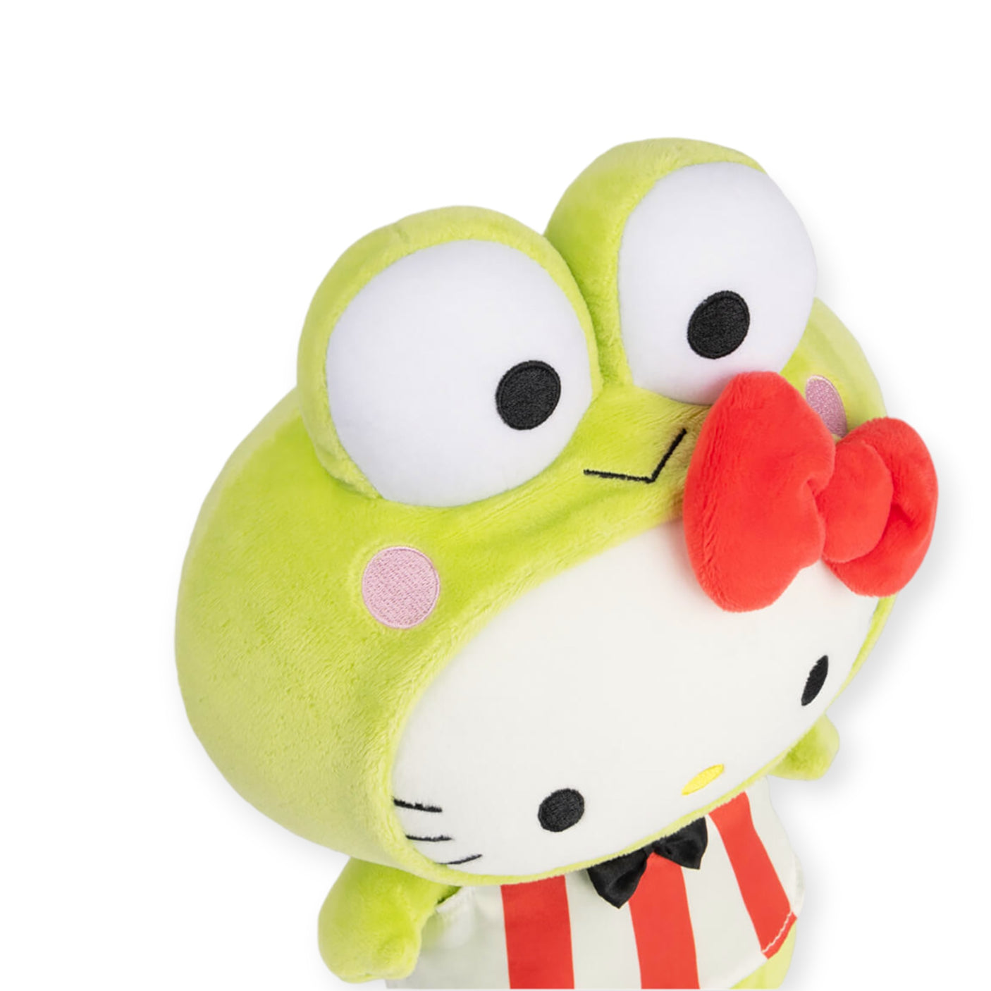 Introducing the Hello Kitty Plush - Keroppi Costume, a charming plush toy that combines a frog and cat character dressed in an adorable Keroppi outfit. It features eye-catching large eyes, rosy pink cheeks, and a cute red bow. The body is playfully striped in red and white, making it a delightful addition to any Hello Kitty collection.