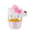 An adorable Hello Kitty Plush - Ice Cream Sundae showcases a white cat with a pink bow and cupcake hat, all comfortably seated in a pink gingham cup.