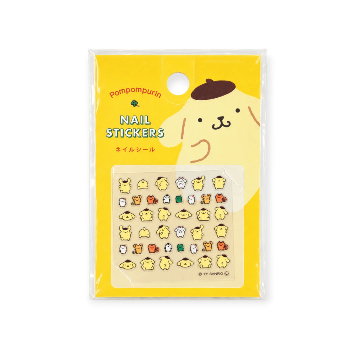 Pompompurin nail stickers sheet on yellow backing with character icons