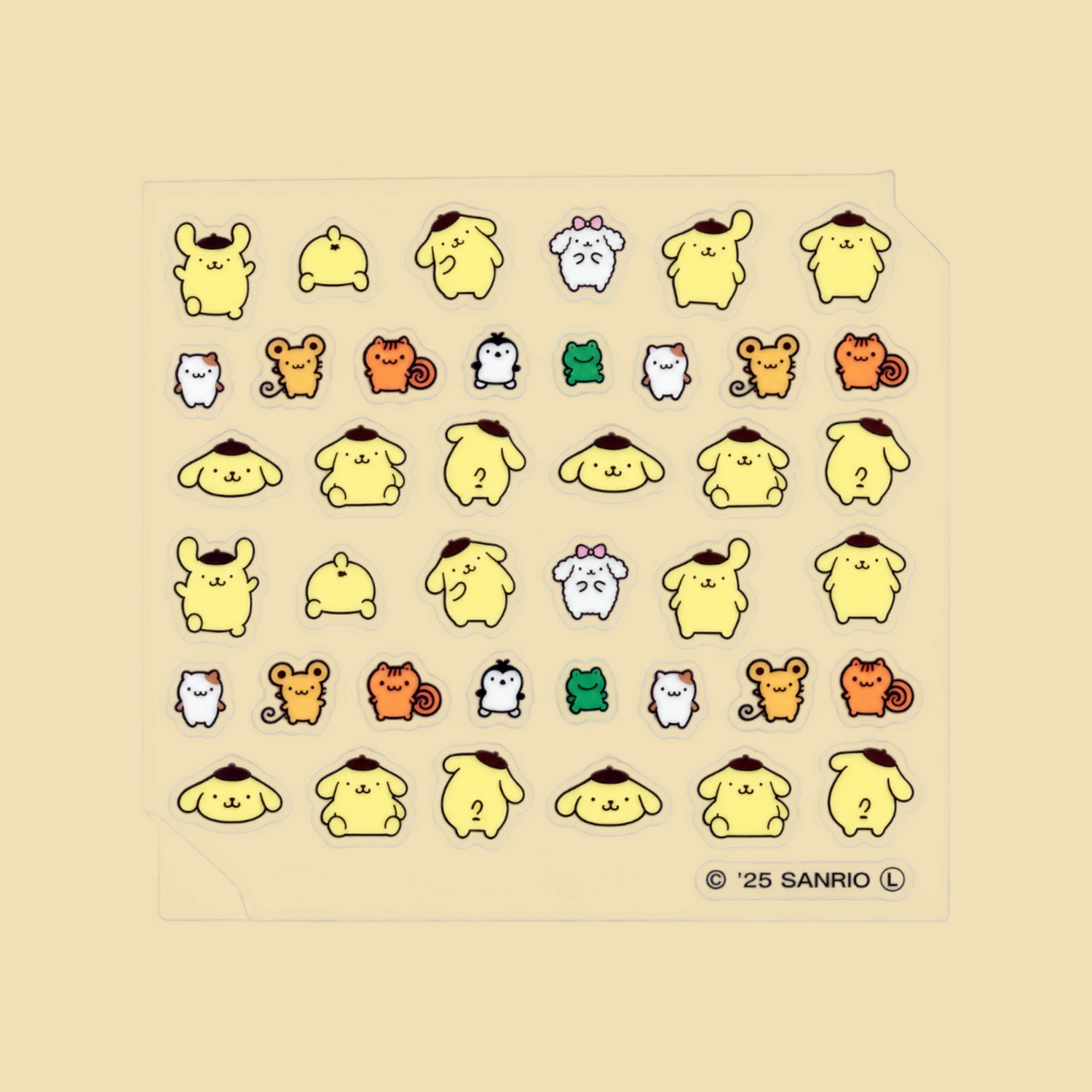 Nail sticker sheet with Pompompurin character faces and small accessories