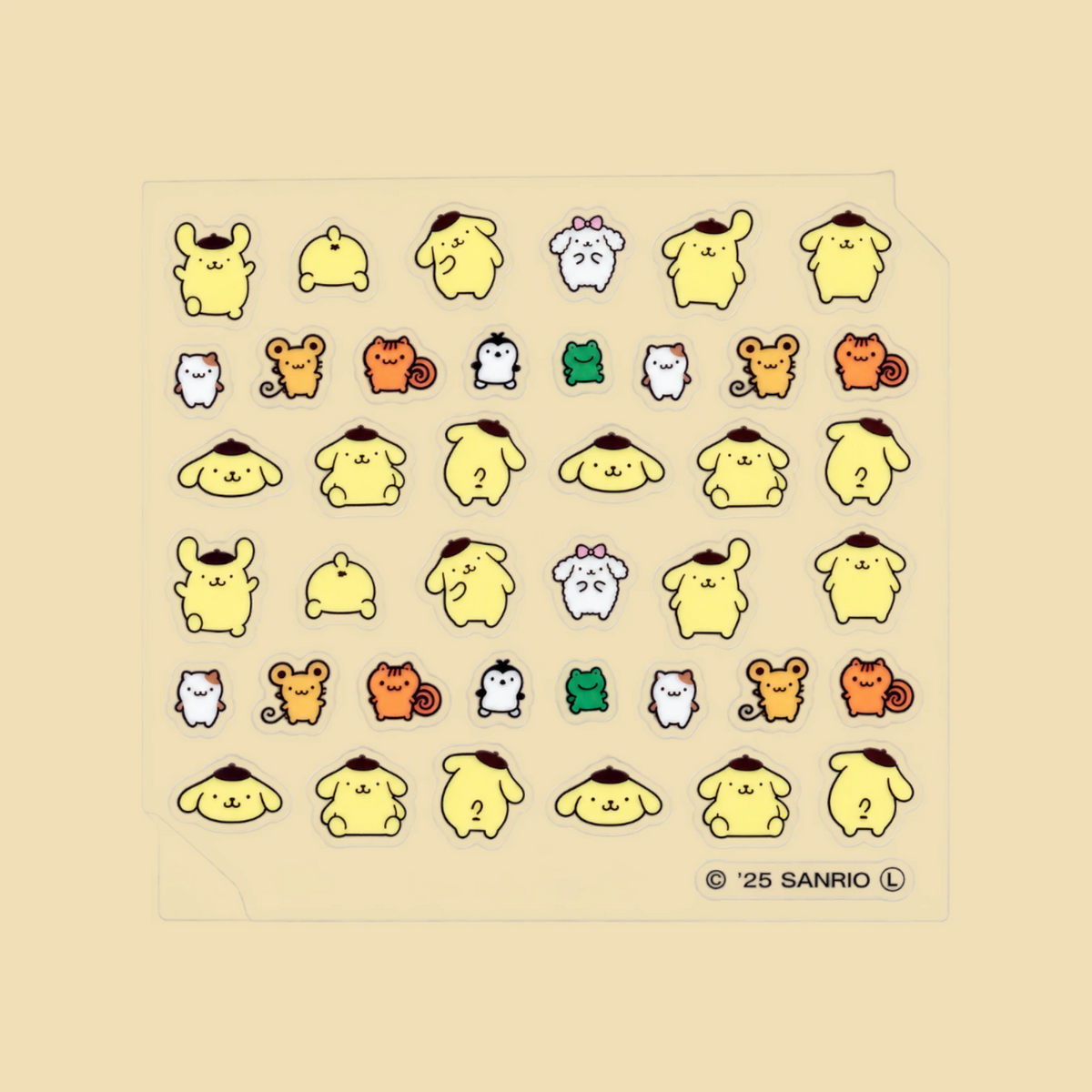 Nail sticker sheet with Pompompurin character faces and small accessories