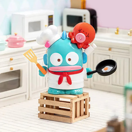 Blue cartoon character in a chef outfit holding a spatula and frying pan with a fried egg, with a small red octopus on its head