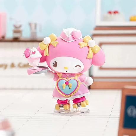 Pink cartoon character on roller skates wearing a chef outfit and holding a dessert on a tray with a wink gesture