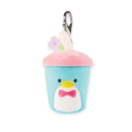 Charming Hello Kitty keychain showcasing a plush penguin in a blue cup with a pink lid, adorned with a small straw and fabric flower, and includes a metal clip.