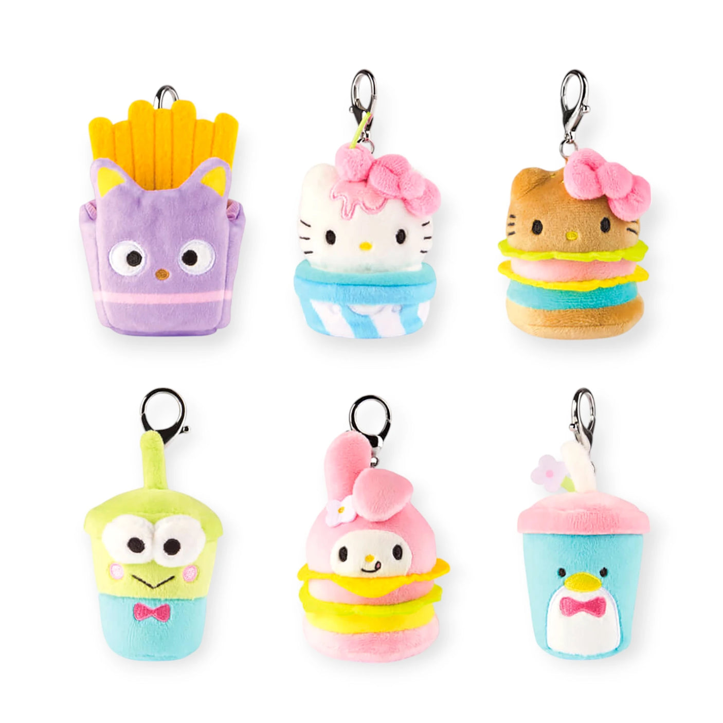 Explore the Hello Kitty Snack Plush - Blind Bag and reveal six charming plush keychain designs: a playful purple cat with fries, Hello Kitty in pink and brown, a refreshing green drink, an endearing pink bunny, and a cheerful blue penguin with drinks. Perfect for Sanrio fans!.