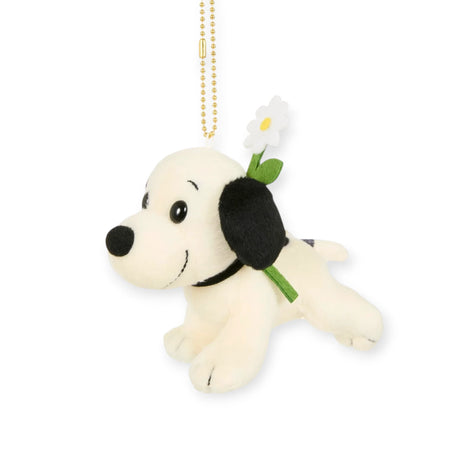 Snoopy plush keychain with flower, dangling gold beaded chain