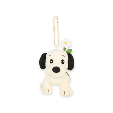 Snoopy plush keychain with daisy flower and gold beaded hanging chain