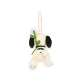 Snoopy plush keychain back view with green sprout and gold beaded chain