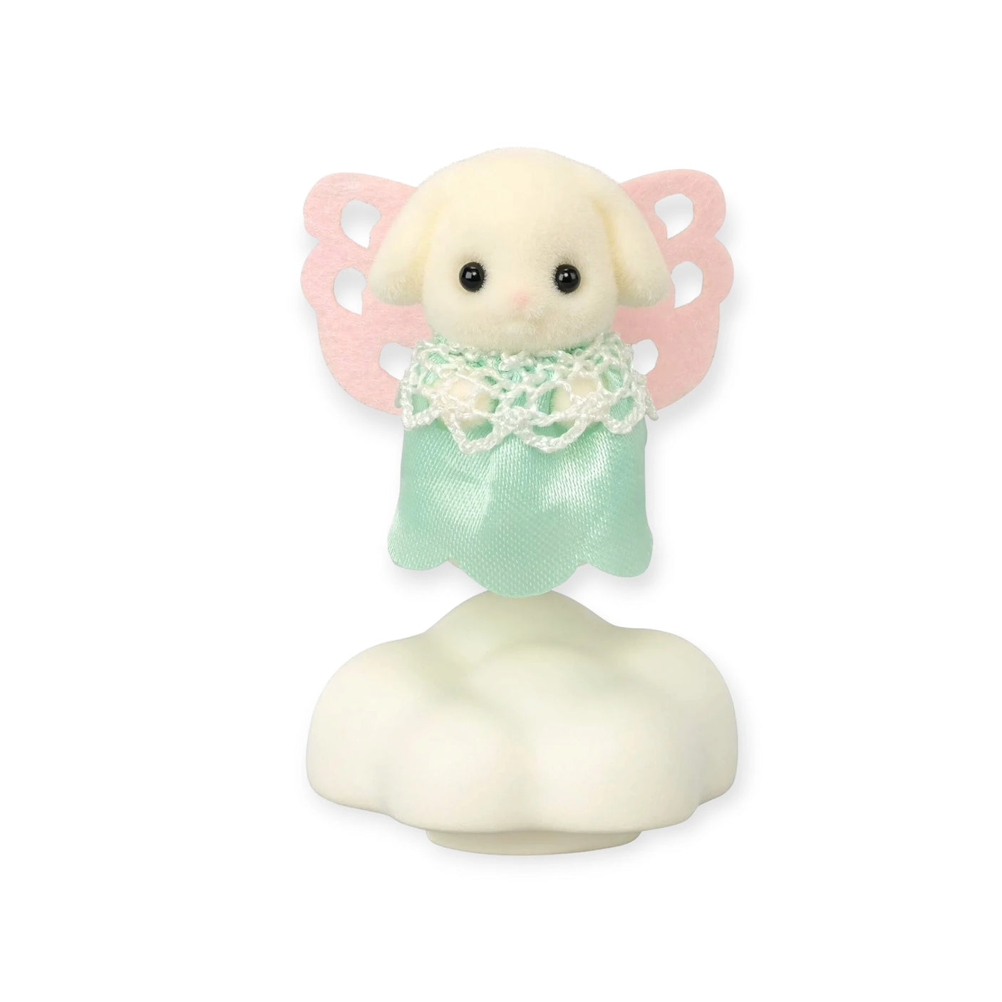 Explore the whimsy of the Sylvanian Families Blooming Baby Friends collection with a small plush toy depicting a dog dressed as an angel, featuring pink wings, a green outfit with lace trim, and sitting atop a white cloud base.