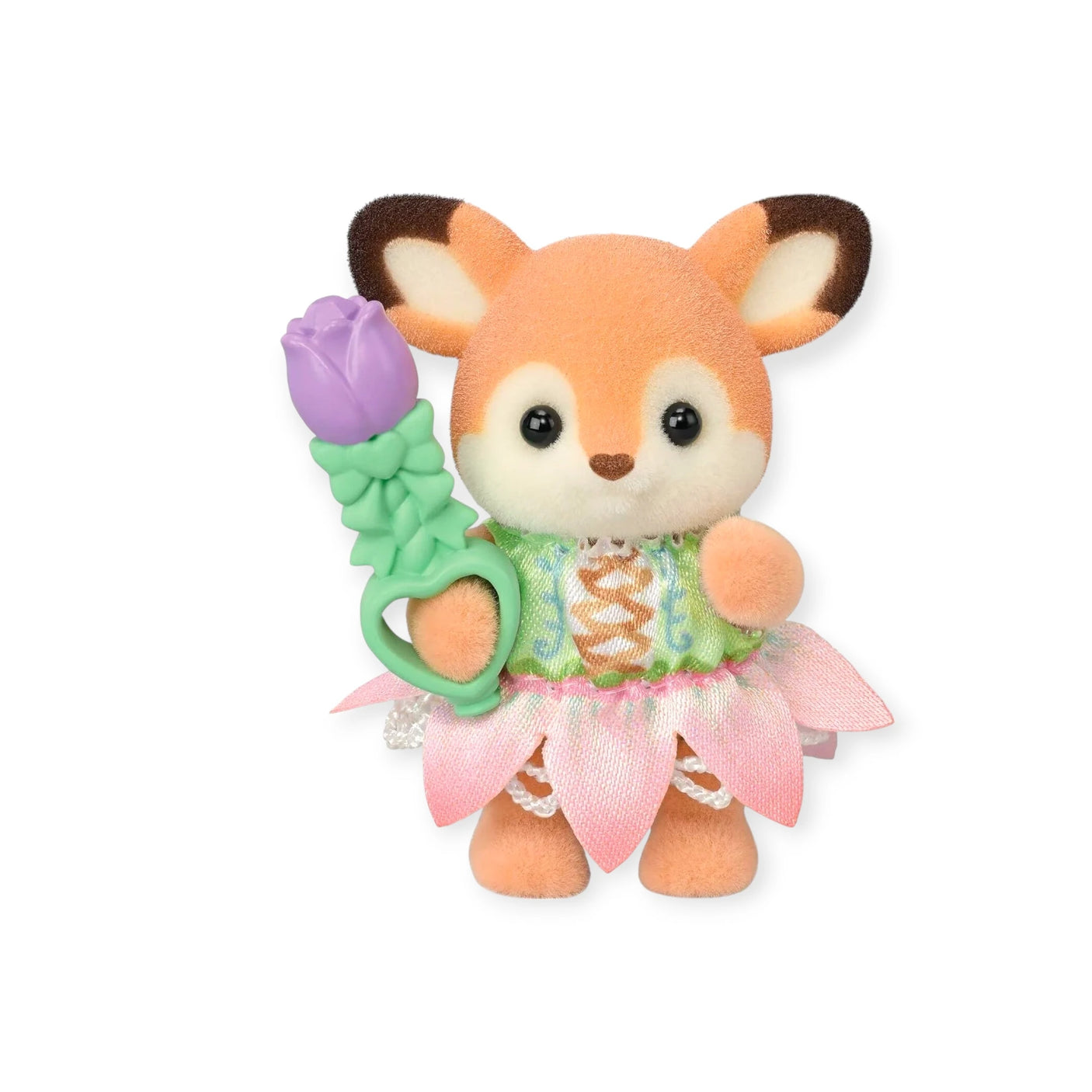 This charming toy fox figurine from the Sylvanian Families Blind Bag - Blooming Baby Friends set is in a colorful floral outfit, holding a purple bloom against a white background.