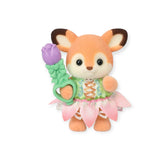 This charming toy fox figurine from the Sylvanian Families Blind Bag - Blooming Baby Friends set is in a colorful floral outfit, holding a purple bloom against a white background.