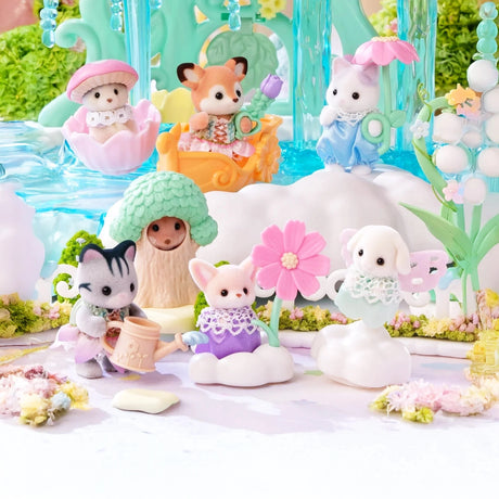 The Sylvanian Families Blind Bag - Blooming Baby Friends features pastel-clad characters in a whimsical garden with flowers, decor, and a miniature pond, showcasing the enchanting world charm of Sylvanian Families.