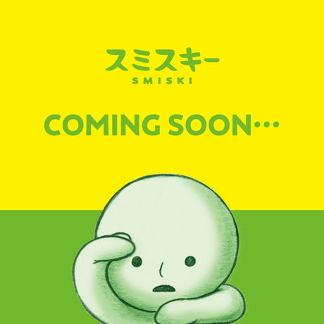 A blank-faced green cartoon character is holding its head against a yellow and green background. The text above reads "SMISKI HIPPER BLIND BOX COMING SOON...", building anticipation for the exciting glow-in-the-dark surprise from Smiski.