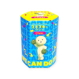 This hexagonal container, adorned in blue and yellow, showcases a cartoon character, confetti, and includes the phrases "Cheer" and "We Can Do It" written in both English and Japanese. It belongs to the Smiski Cheer Series - Blind Box collection by Smiski, with each mystery figure offering a glow-in-the-dark feature.