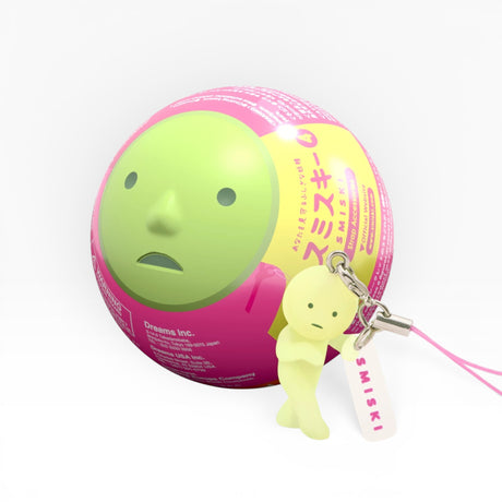 Green Smiski strap keychain figure with pink cord, metal ring, and hanging charm