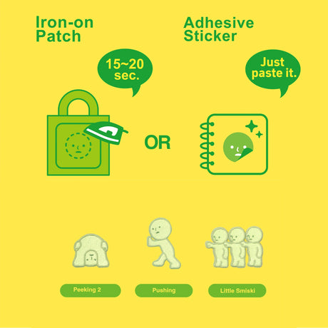 Diagram showing two application methods for Smiski patches: ironing on a bag or peeling and sticking on notebook with three patch designs below
