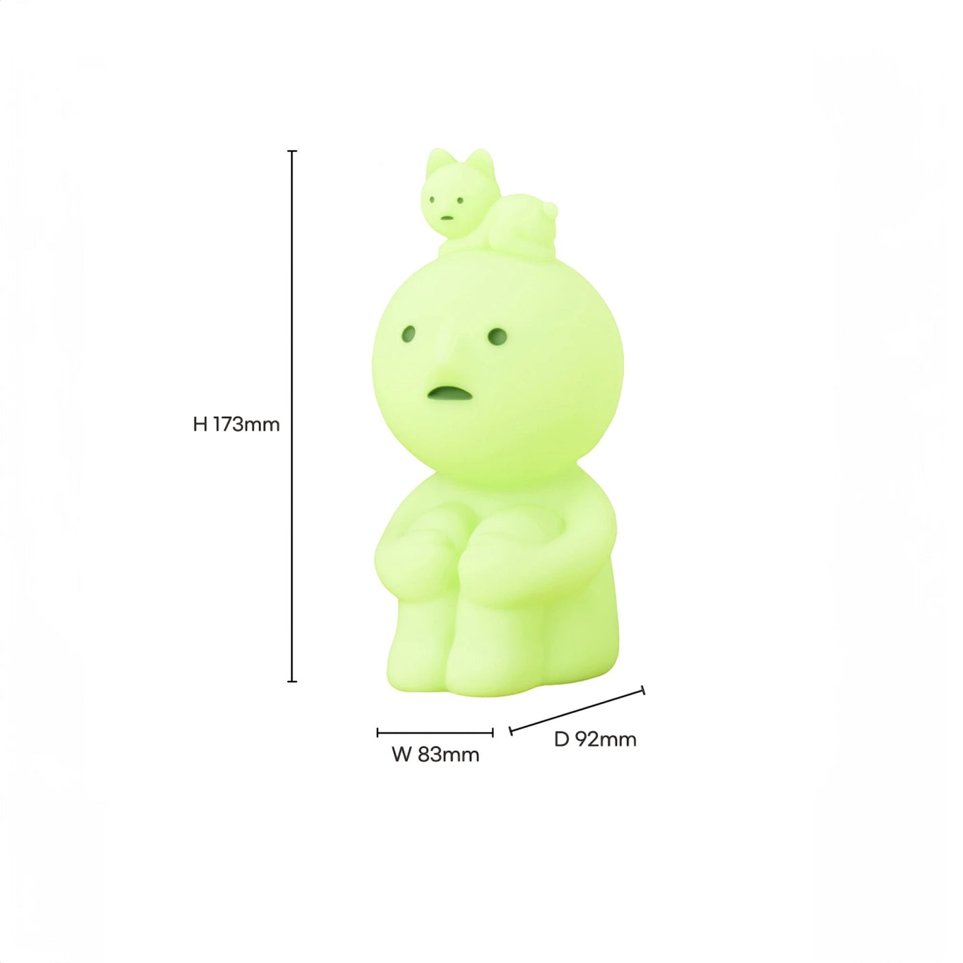 The Smiski Touch Light by Smiski includes a glowing green figure with a cat on its head, making it an ideal nightlight. It has dimensions of 173mm in height, 83mm in width, and 92mm in depth and is touch-activated for added convenience and charm.
