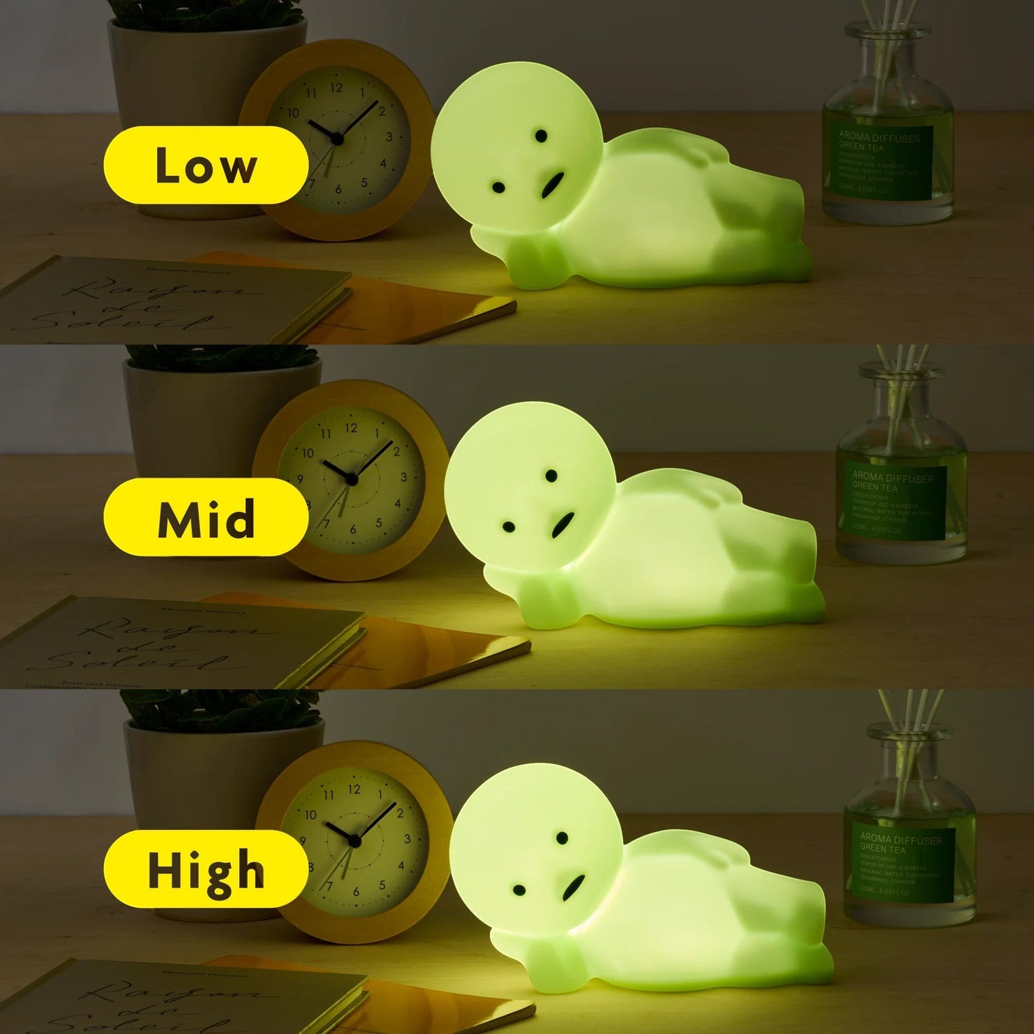 Smiski Touch Light lounging figure with Low, Mid, and High light level indicators