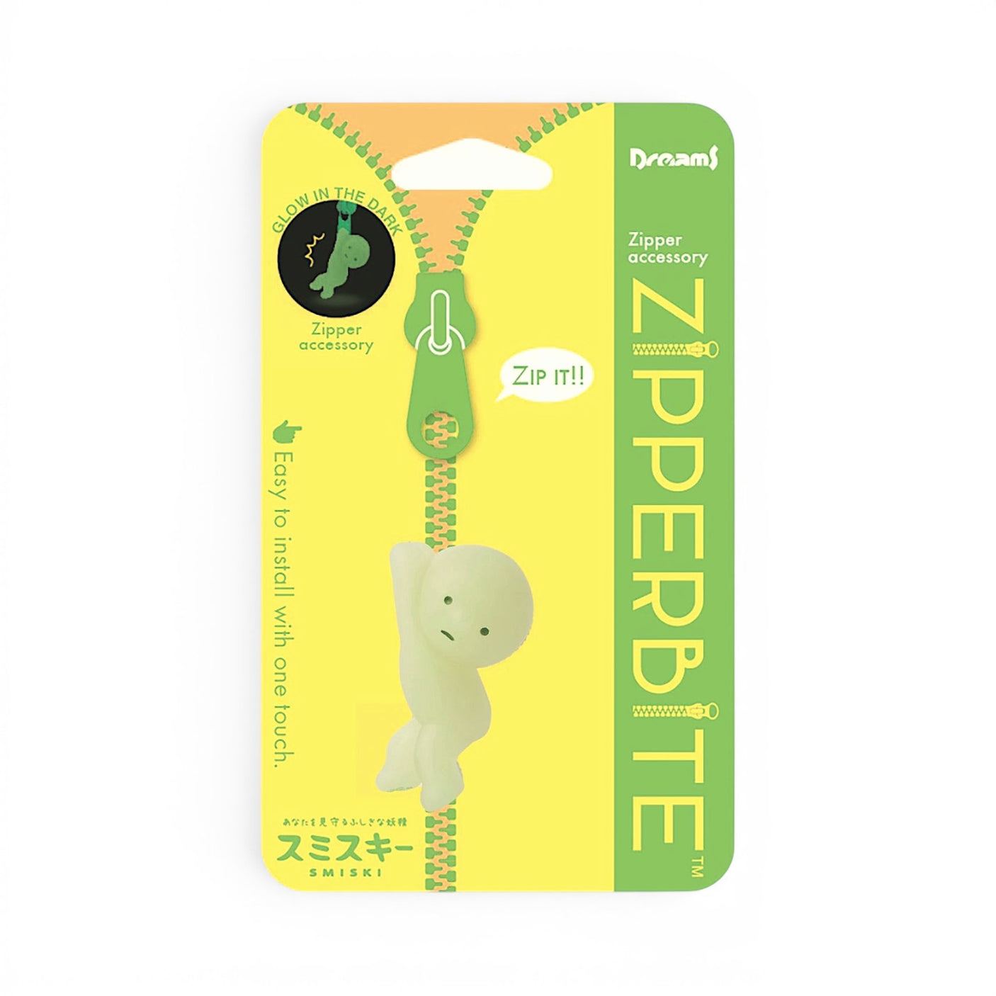 The packaging for this glow-in-the-dark accessory, designed as a small green figure hanging onto your zipper, features the phrases "Smiski ZipperBite - Hanging On" and "Zip it!" along with simple installation instructions. It's perfect for adding a touch of fun to your zippers!