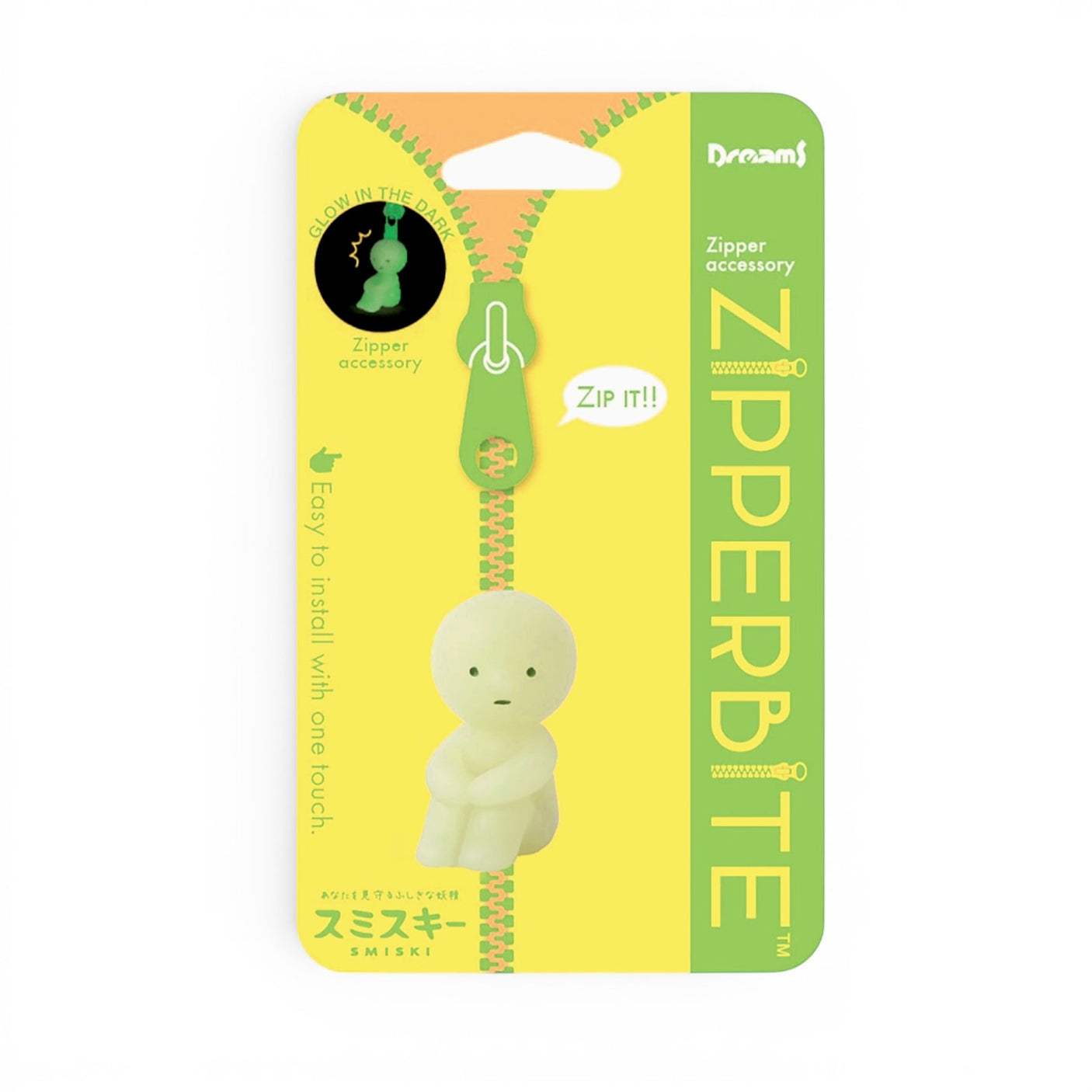 ZipperBite zipper accessory blister pack with small light-green hugging knees figure