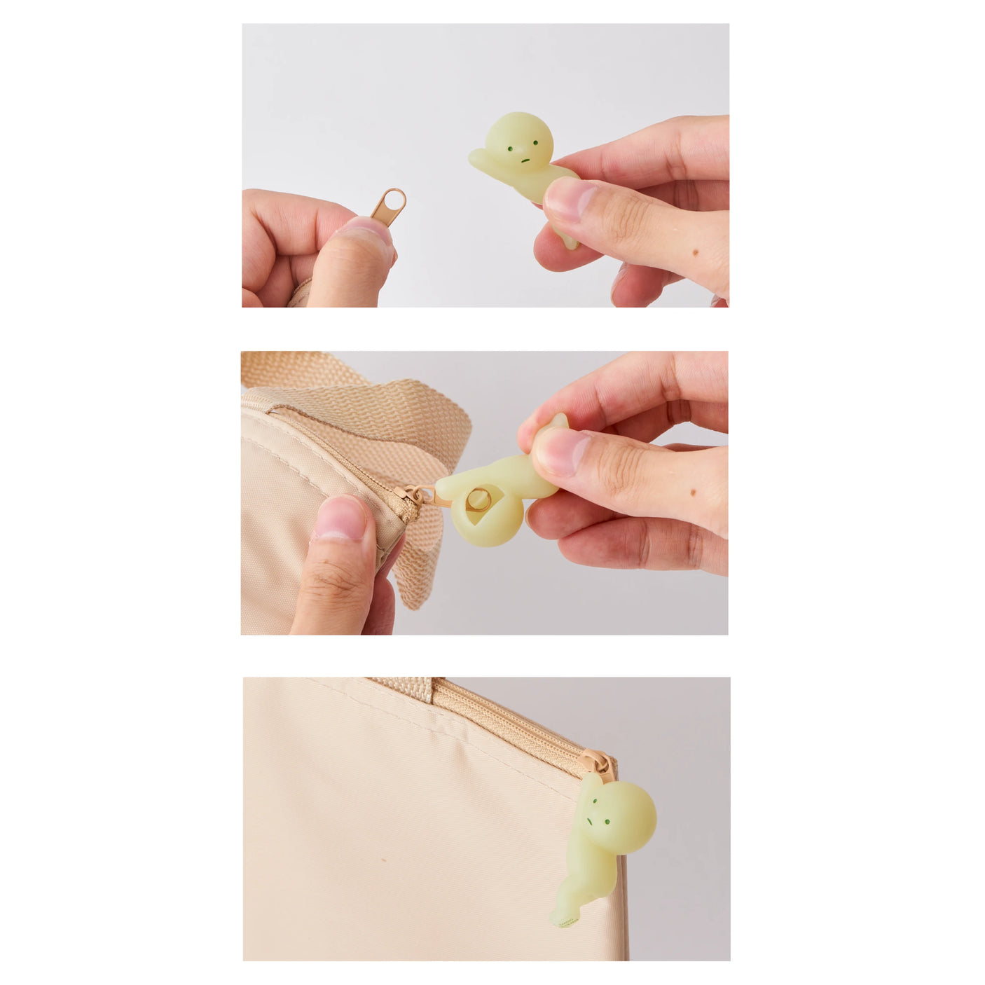 Smiski-style zipper pull charm with lotus pose, held by hands and loop clip