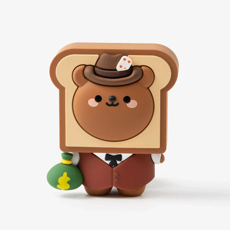 Brown bear figure wearing a cowboy hat with a playing card, dressed in a suit, holding a green money bag on white background