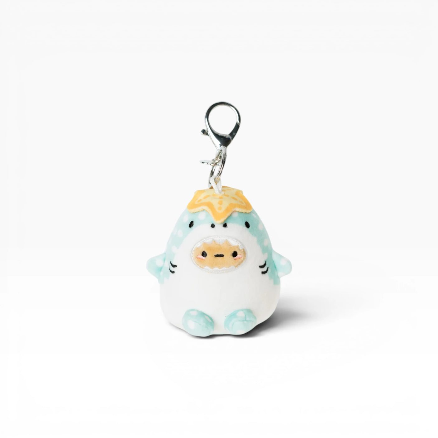 Whale shark plush bag charm with keyring, smiling face and blue fins