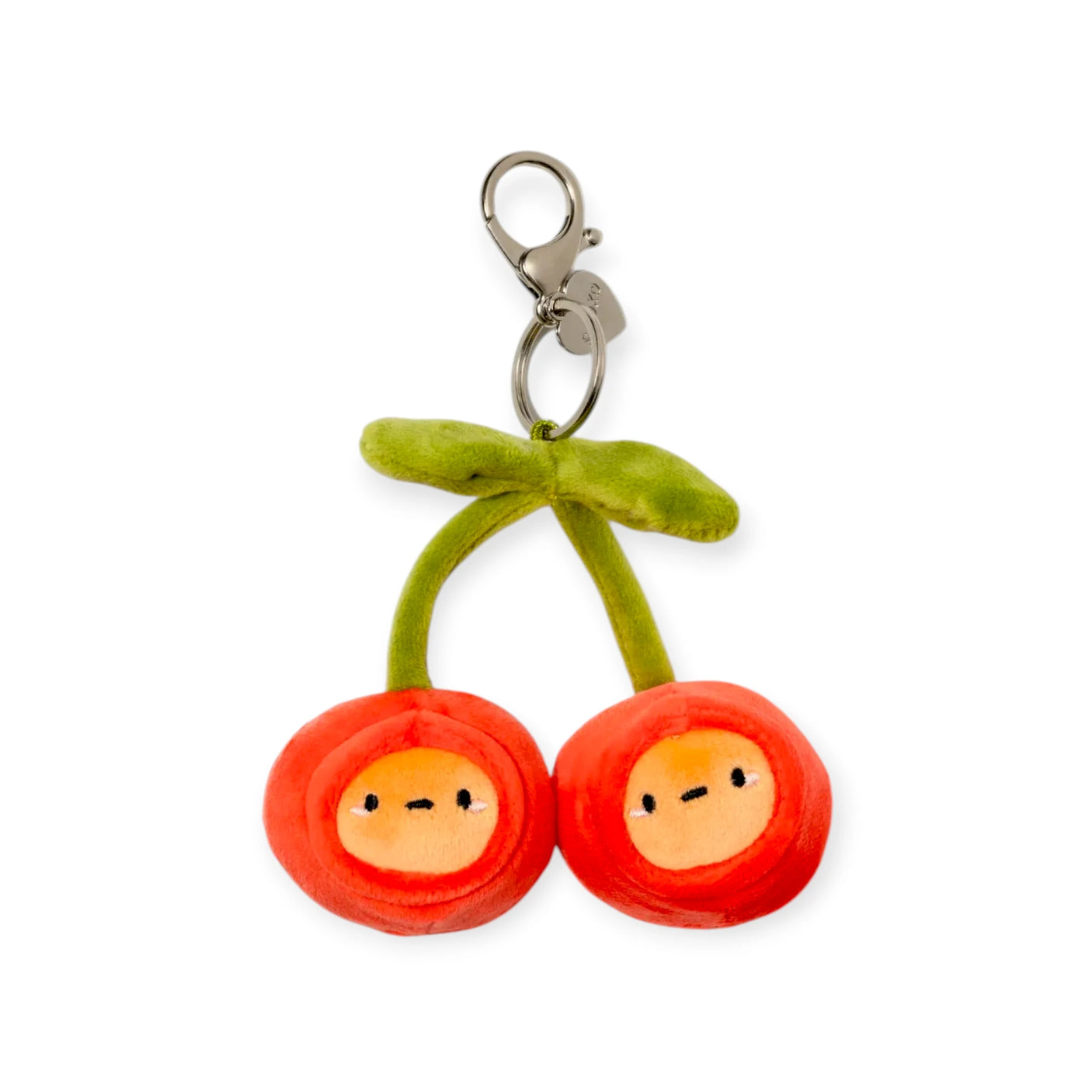 Cherry-shaped plush bag charm with metal keyring, green stem and two red faces
