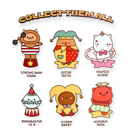 Six adorable circus-themed character figurines including strong man, jester, trapeze artist, ringmaster, clown, and acrobat on white background