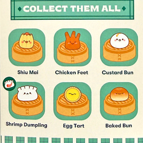 Illustrations of six Smoko Dim Sum Friends vinyl figures sitting in bamboo steamers with names below each character