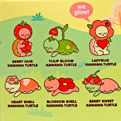Illustrations of six different Kawawa Turtles in fruit and flower costumes with a "we glow" speech bubble above