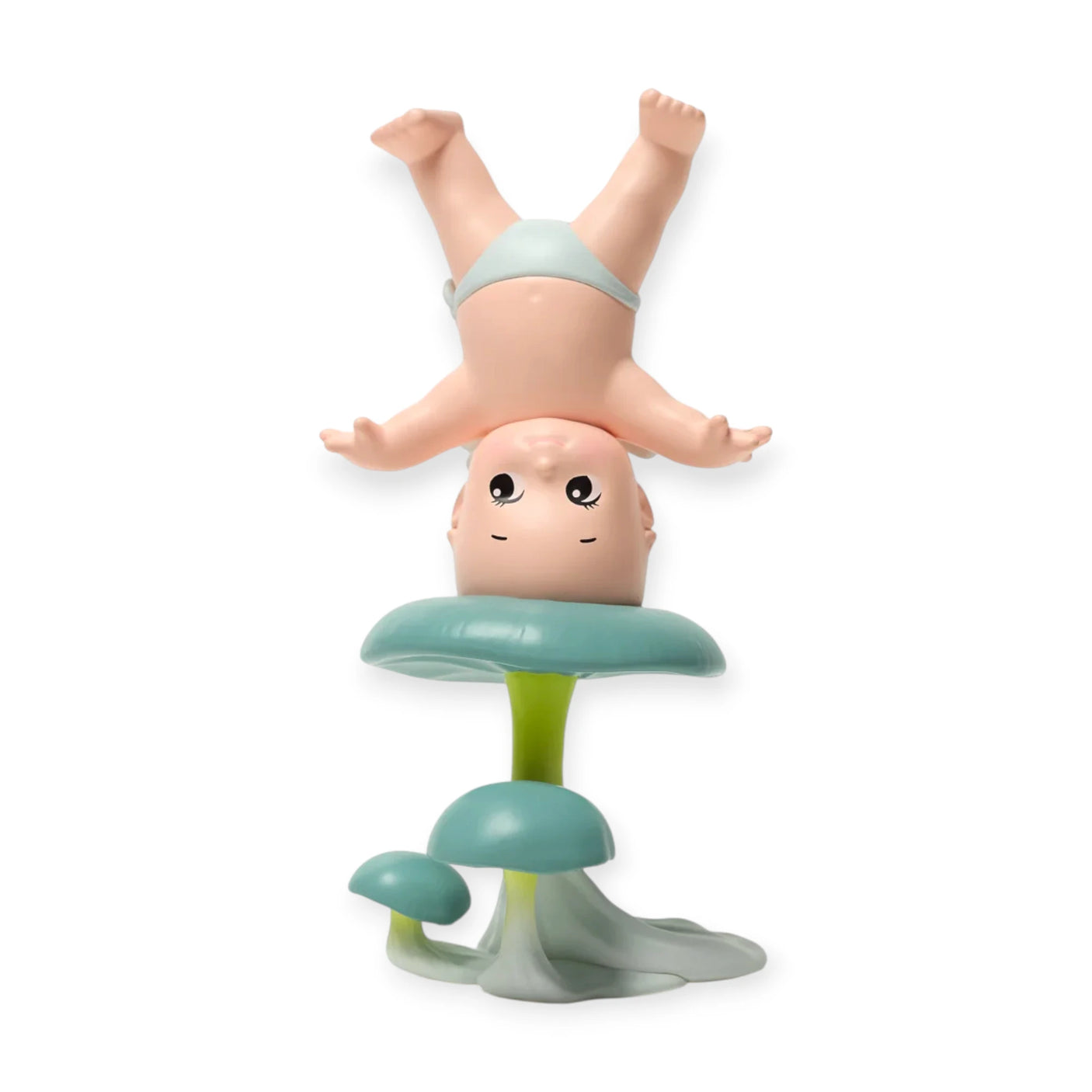 Kewpie blind box figurine: baby upside down on green leaf pedestal