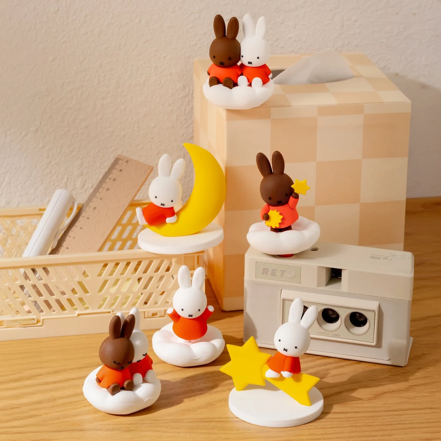 Set of rabbit blind box figures on moon and cloud-shaped bases with star accents