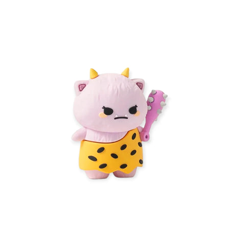 A small pink cartoon creature with yellow horns, an angry face, a spotted skirt, and a spiked club—perfect for fans of collectible toys like the Smoko Roni And Oni Bunch Blind Box from Smoko.