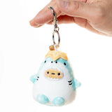 Whale shark plush bag charm on metal keyring, held in hand