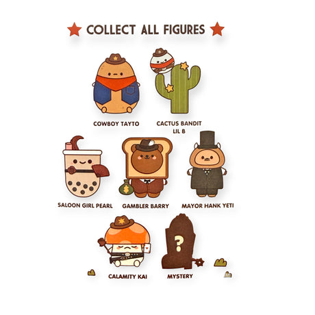 Seven cute Western-themed cartoon characters including a cowboy, cactus, bubble tea, bear in suit, and sheriff on white background