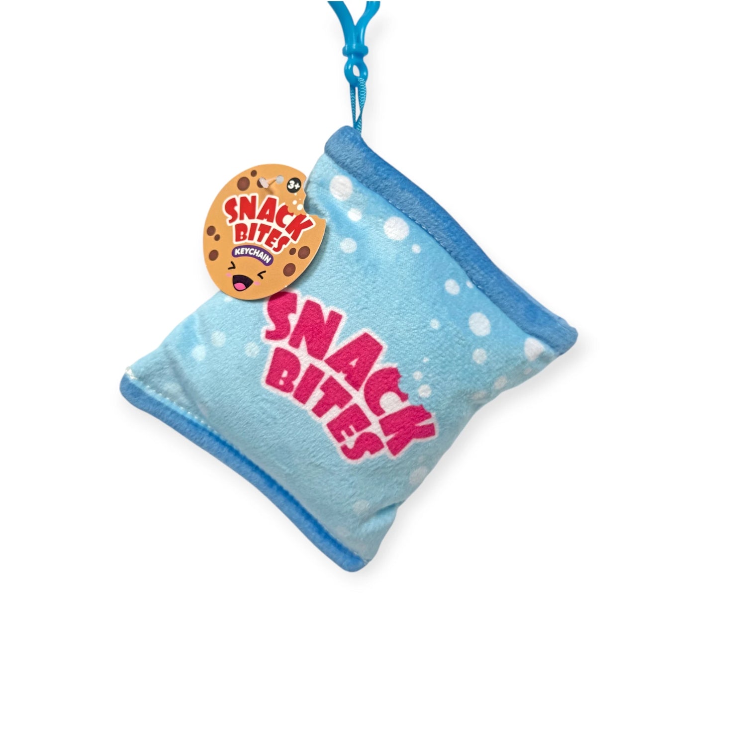 The blue rectangular Snack Bites Bag Charm by Bensons has white polka dots and "Snack Bites" in red, featuring a cookie-shaped tag with the text, capturing snack styles in a playful design.