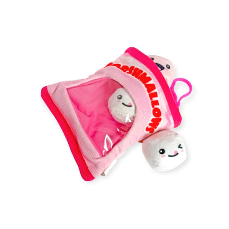 The Bensons Snack Bites Bag Charm is a Pink Plush "Marshmallows" bag with a clear window, featuring two smiling plush marshmallow toys inside—ideal for a charming snack-style accessory.