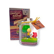 A glass jar terrarium containing Peanuts collectibles, greenery, and a red mailbox, displayed alongside its Re-Ment packaging from the Snoopy Blind Box - Happiness with Snoopy collection.