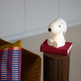 A Snoopy Night Light (11cm) by the Snoopy brand sits on a red book atop a brown pedestal, while a colorful striped pillow on the chair echoes the playful essence of Peanuts packaging.