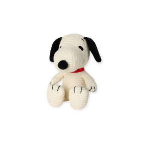 The Snoopy Corduroy Mini Plush - 12cm by Snoopy features soft corduroy fabric, a red collar, black ears, and stitched details, shown sitting upright against a plain white background.