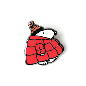 The Snoopy Puffer Jacket Pin by Snoopy is a cartoon character enamel pin, shown against a white background.