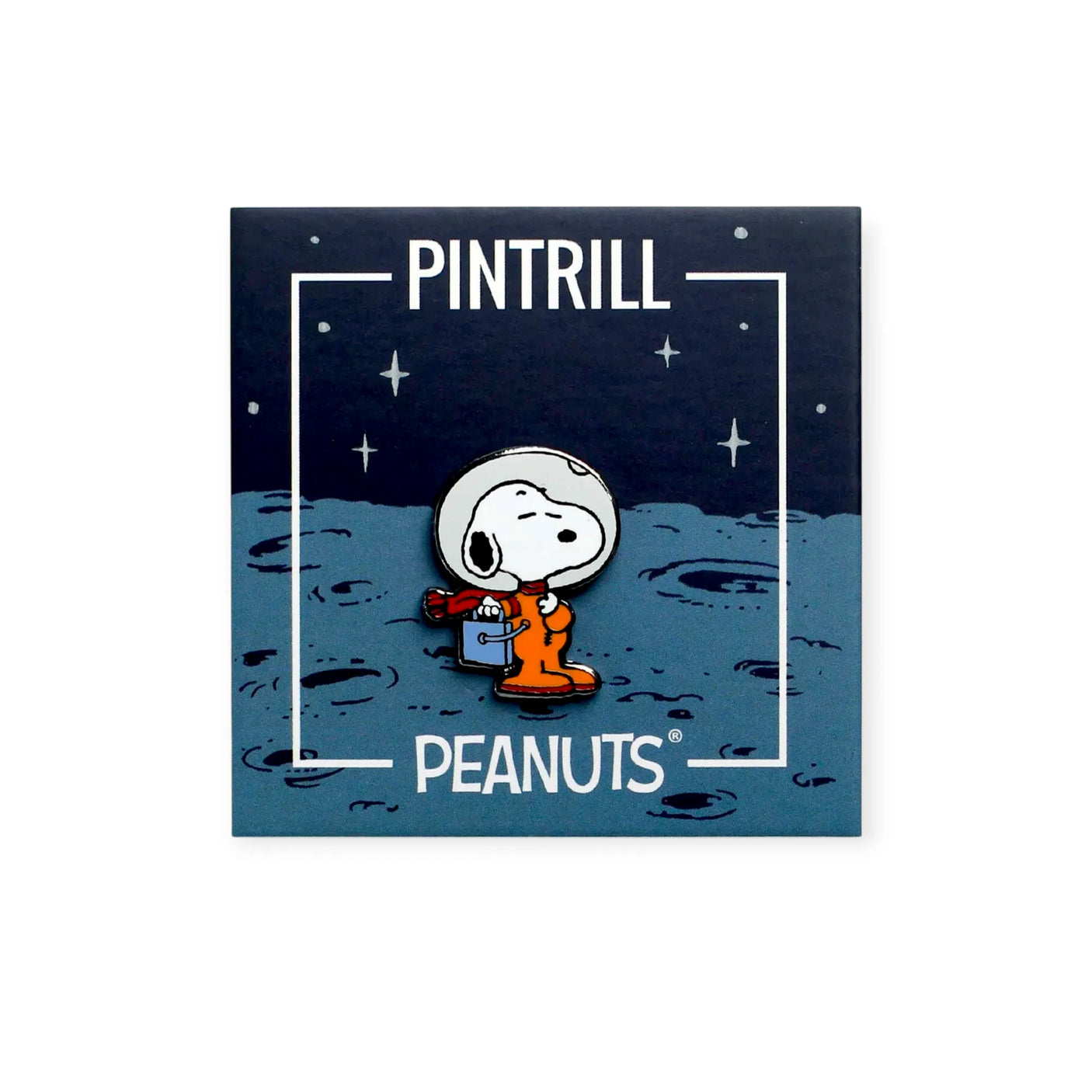 PintRill Peanuts pin card with Snoopy in orange spacesuit on blue space scene