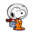 Snoopy astronaut enamel pin with orange spacesuit and red accents