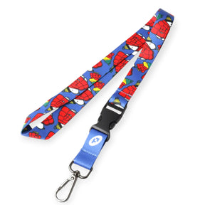 Cartoon-print lanyard with blue strap and metal swivel clip, black end connector