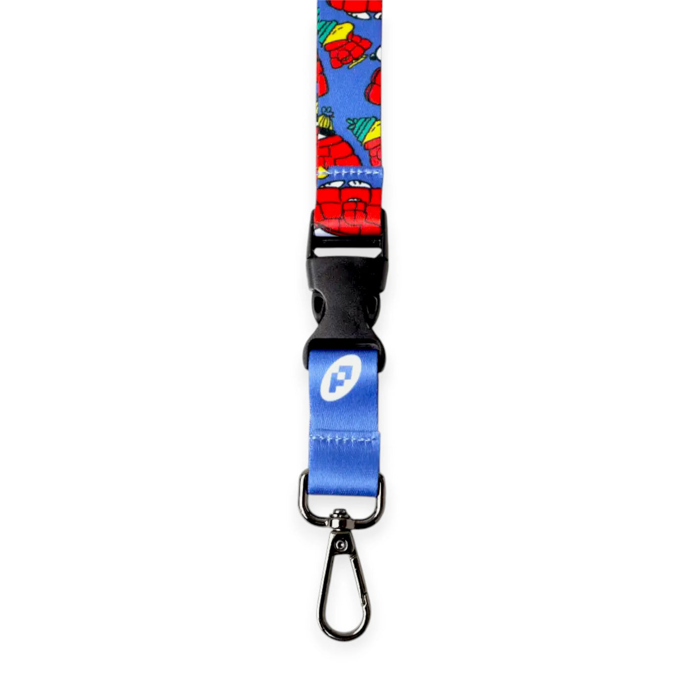 Blue lanyard end with black clip and metal lobster clasp; colorful cartoon print strap